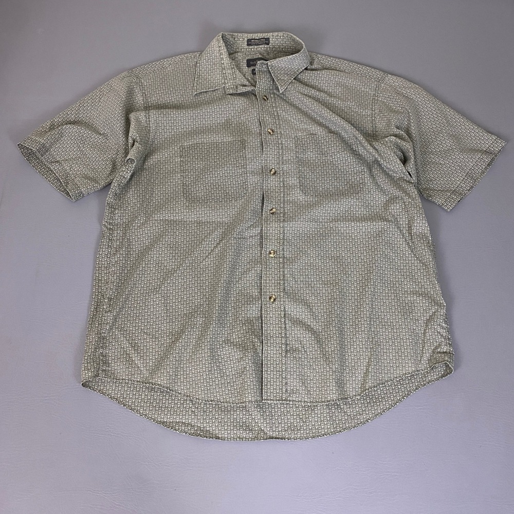 Van Heusen Button Up Shirt Mens XL Short Sleeve Olive Green Geometric No-Wrinkle